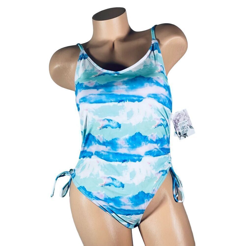 NWT Kensie Sz M Tie Dye Blue White Green Pink one Piece Cheeky Swimsuit